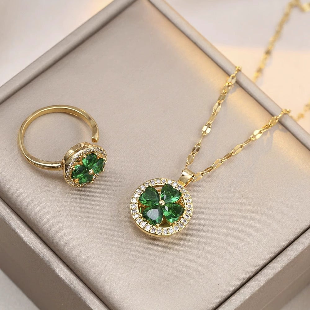Set collana minimalista con anello rotante, catena in acciaio al titanio e zirconi micro-incastonati, da donna