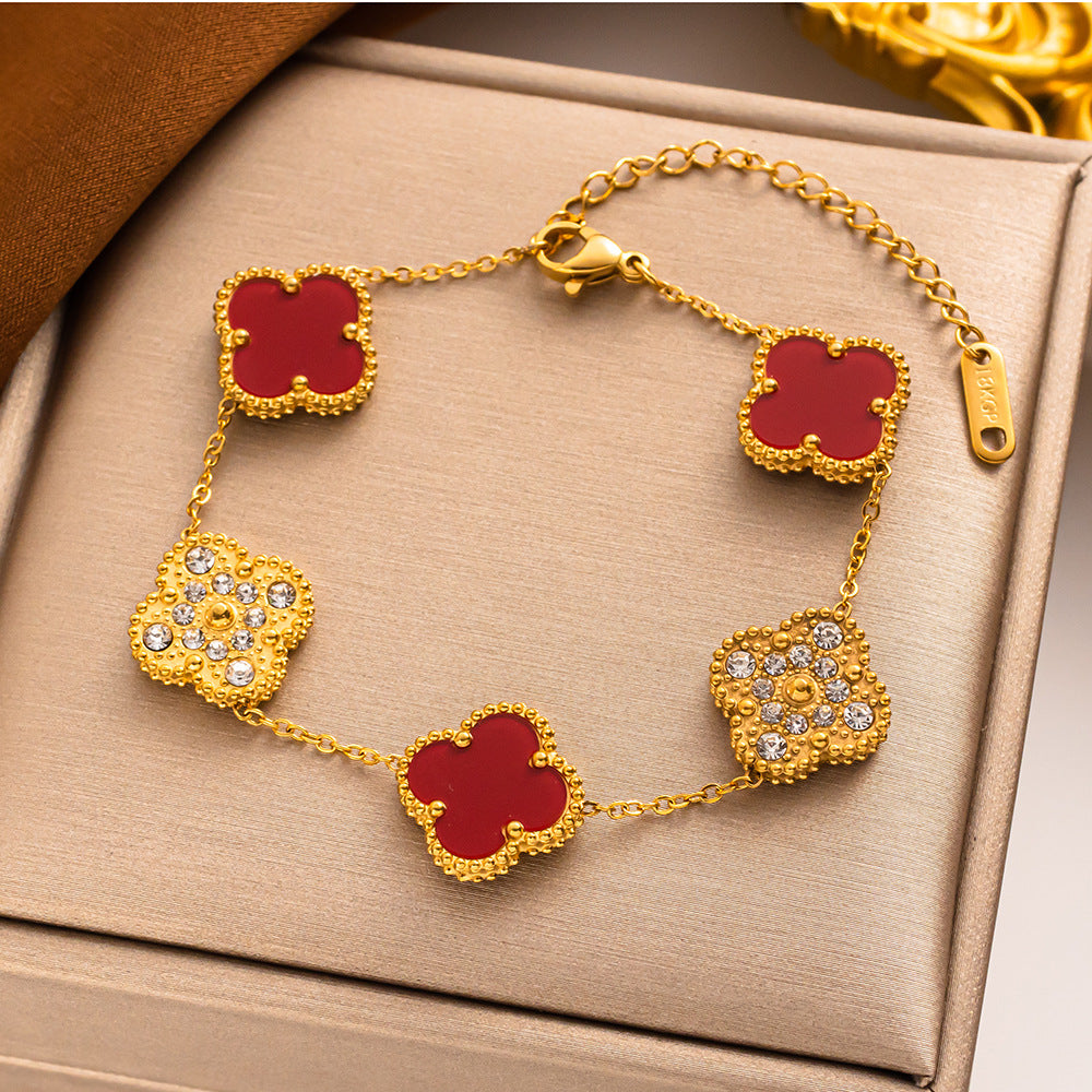 Bracciale Donna Lusso Stile Quadrifoglio in Acciaio al Titanio con Strass e Intarsio in Concha