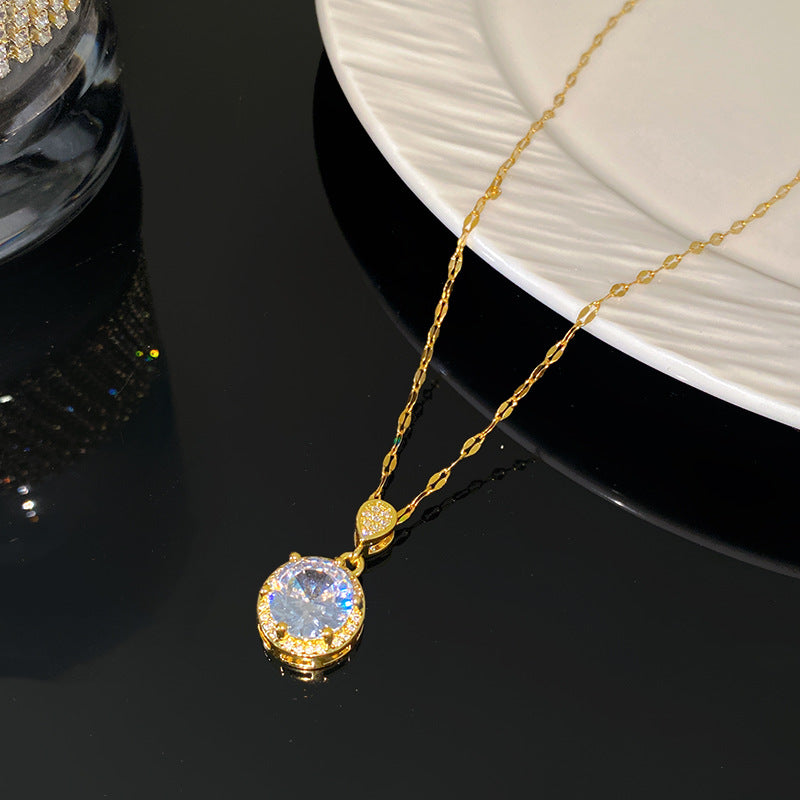 Sweet Elegant Round Geometric Micro-Inlaid Colorful Cubic Zirconia Brass Pendant Titanium Steel Necklace for Women and Men