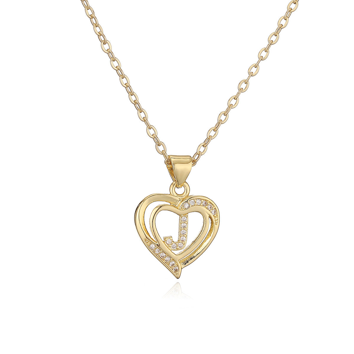 Collana con Pendente Minimalista in Rame, Placcatura in Oro 18K e Dettagli in Zircone a Forma di Cuore e Lettera per Donne