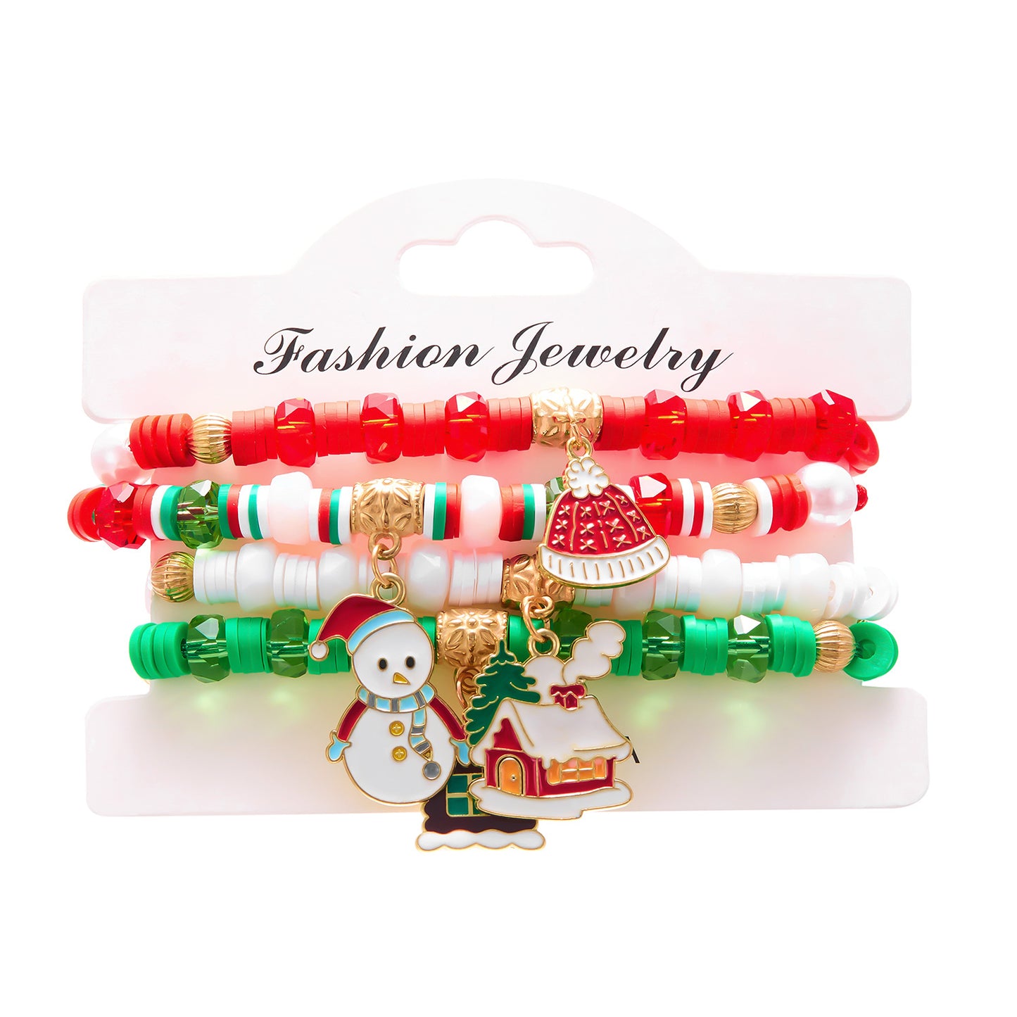 Juego de Pulseras Artesanales Navideñas con Dijes de Papá Noel y Renos en Resina, Arcilla Polimérica y Aleación con Detalles de Cristal y Vidrio para Mujer
