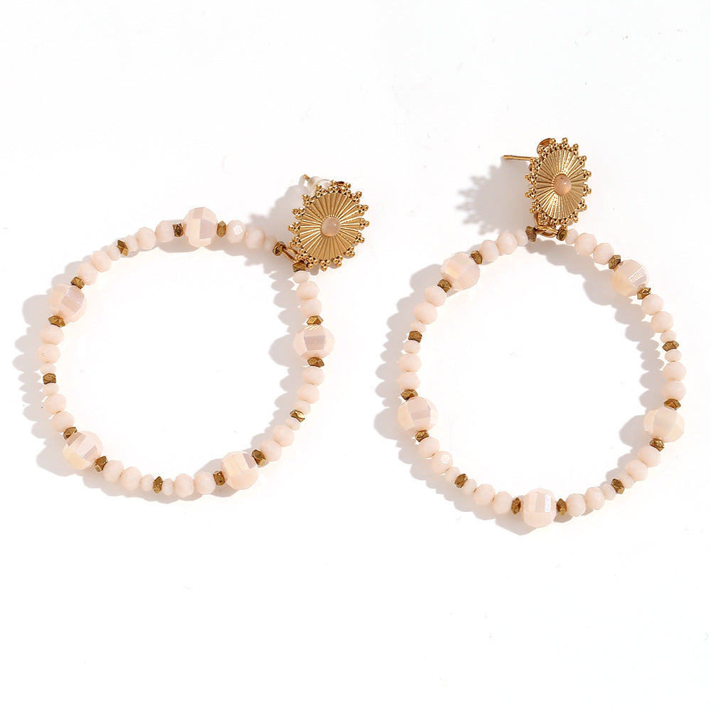 Fashionable Oval Stainless Steel Earrings with 18K Gold Plating and Hammered Texture Natural Stone for Women