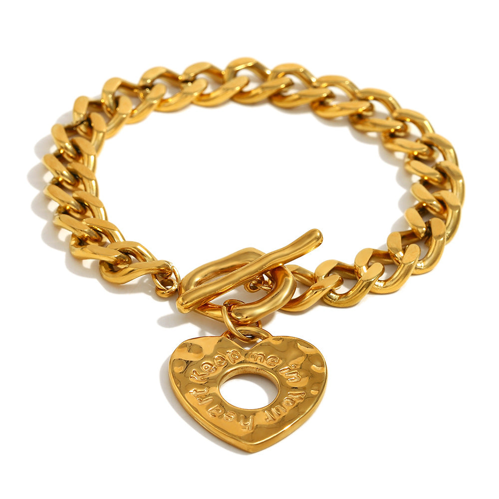 Minimalist Heart-Shaped Stainless Steel Plated 18K Gold Cuban Chain Bracelet for Women