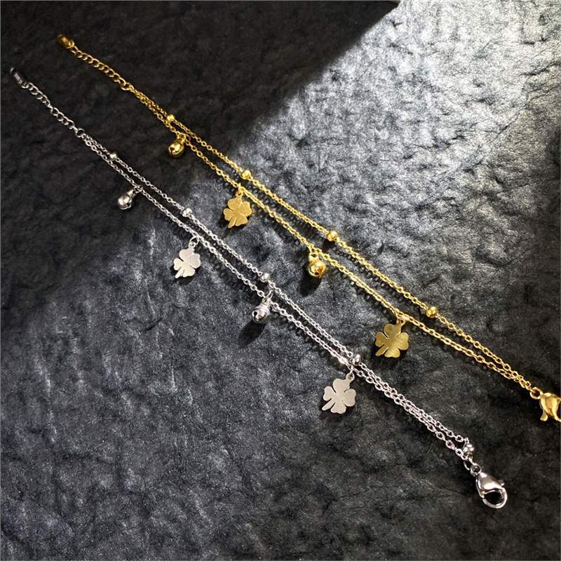 Original Design Geometric Four-Leaf Clover Roman Numeral Double-Layer Bracelet in Titanium Steel with Gold Plating