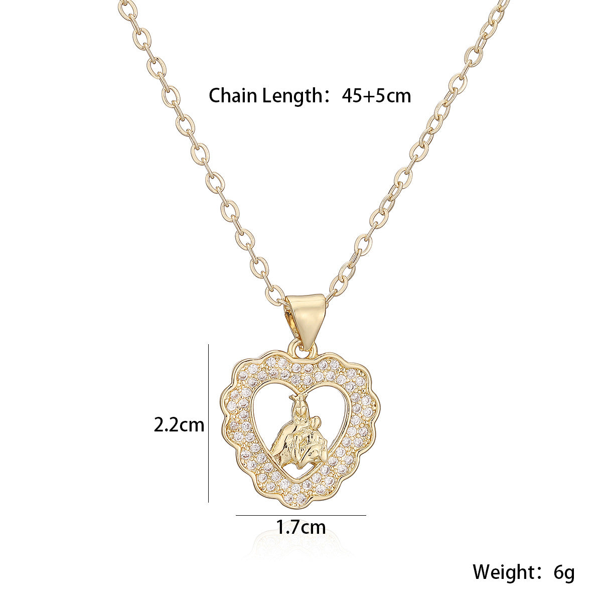 Minimalist 18K Gold Plated Brass Heart Pendant with Cubic Zirconia for Women