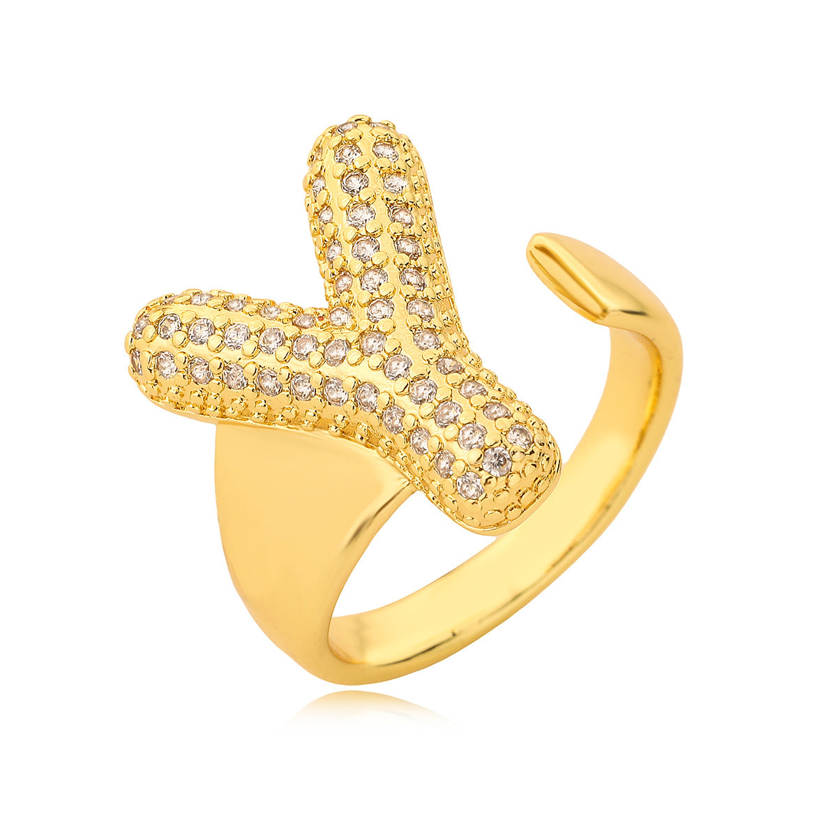 Minimalist Geometric Letter Zirconia Ring for Women in Copper with Gold Plating and Micro-Pavé Setting