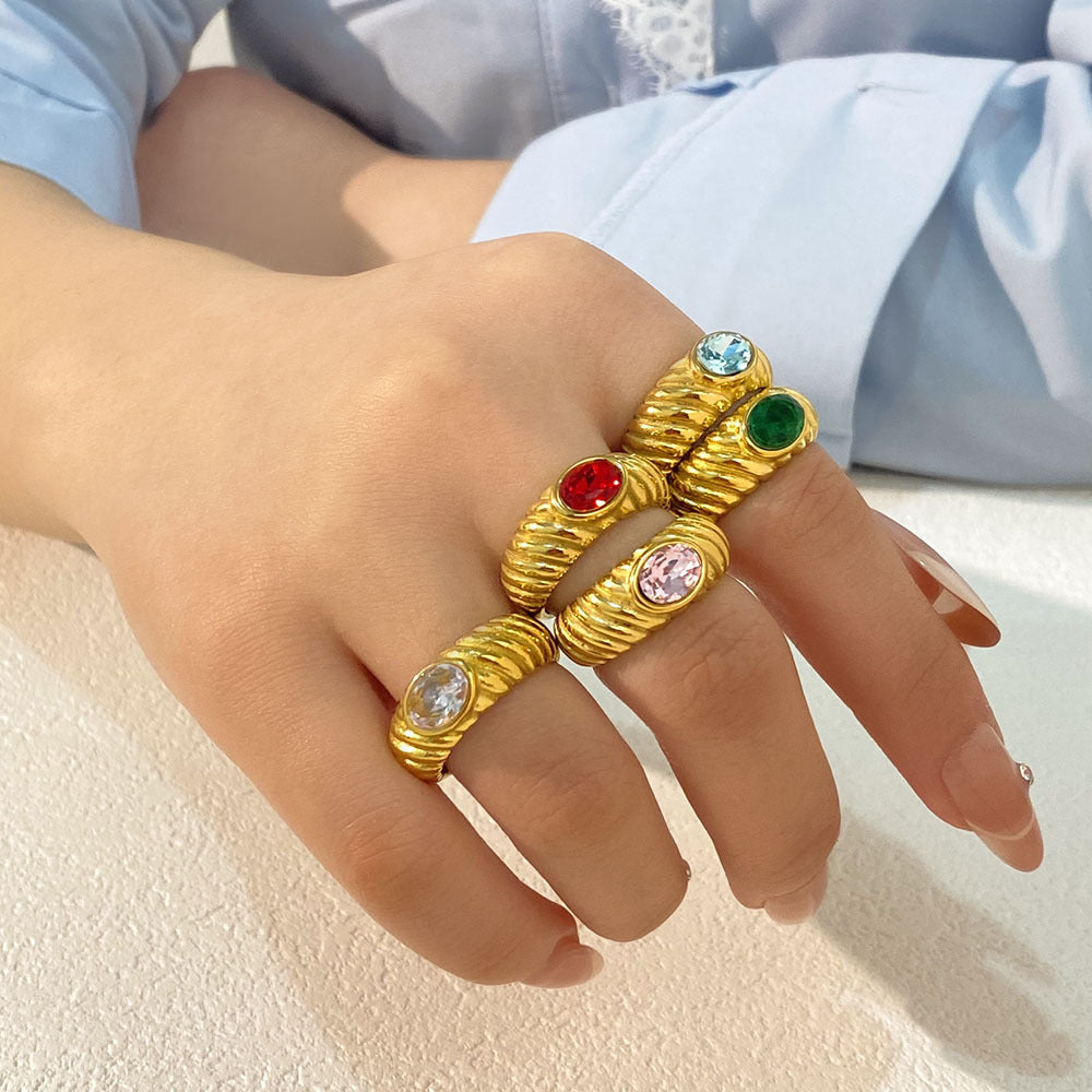 Vintage-Style Geometric Stainless Steel Ring with 18K Gold Plating and Multicolor Zircon Inlay for Women