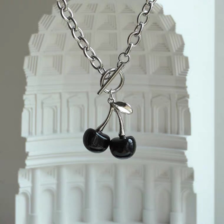 Minimalist Cherry-Shaped Titanium Steel Choker Necklace with Black Plating for Women and Men