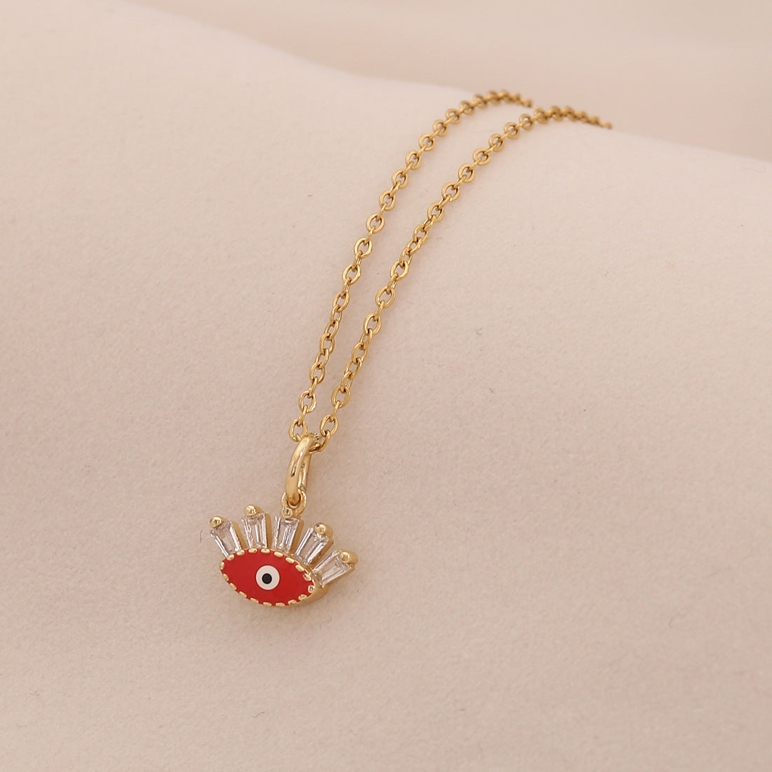 Collana con Ciondolo Cuore Occhio Smaltato Personalizzato in Acciaio Inossidabile con Catena a O da Donna