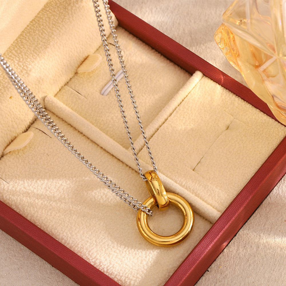 Minimalist Geometric Stainless Steel Plated 18K Gold Double Circle Necklace for Women