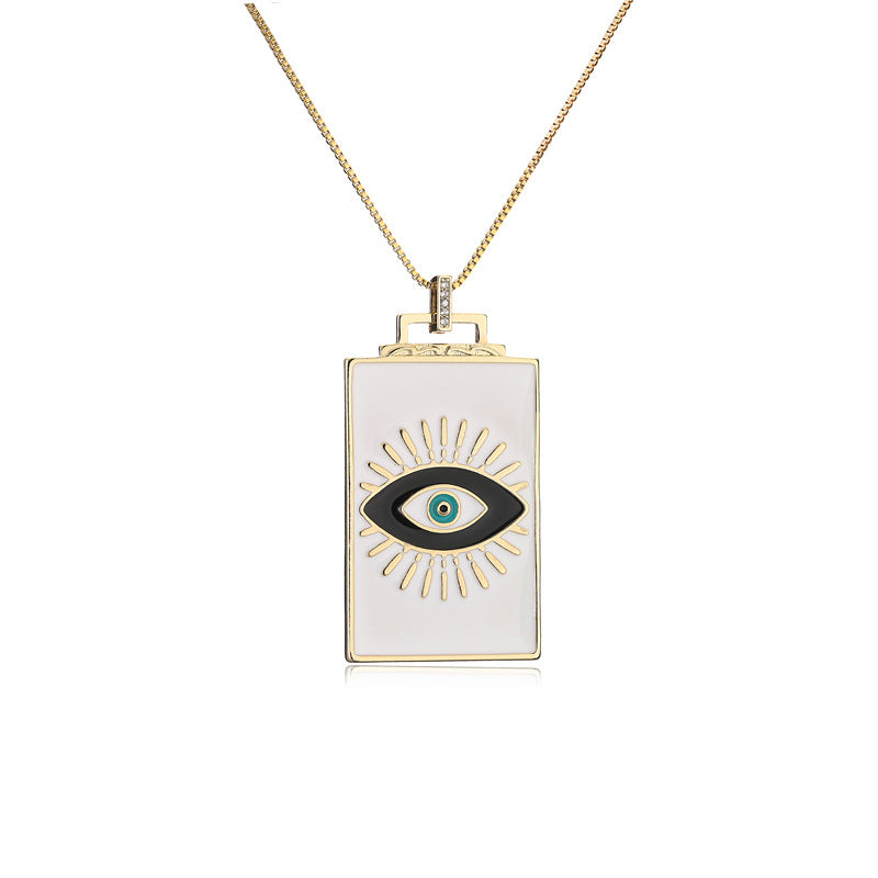 Drip Oil Rectangle Geometric Brass Inlaid Cubic Zirconia Pendant Necklace with Cable Chain
