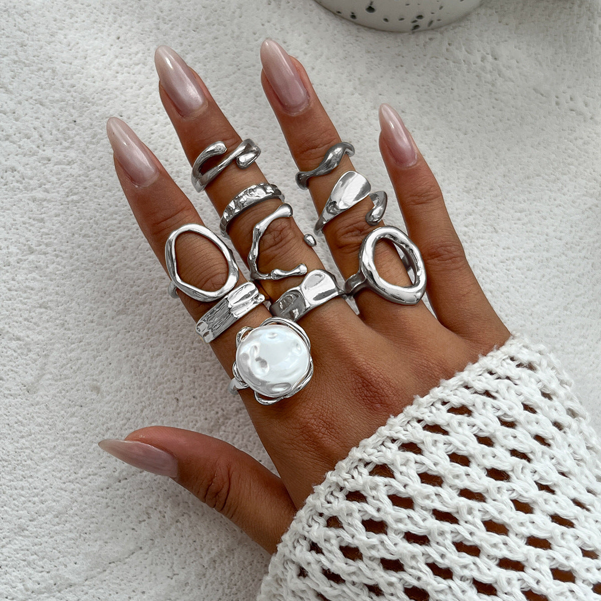 Elegant Baroque Faux Pearl Teardrop Oval Alloy Plated Open Joint Ring Set for Women