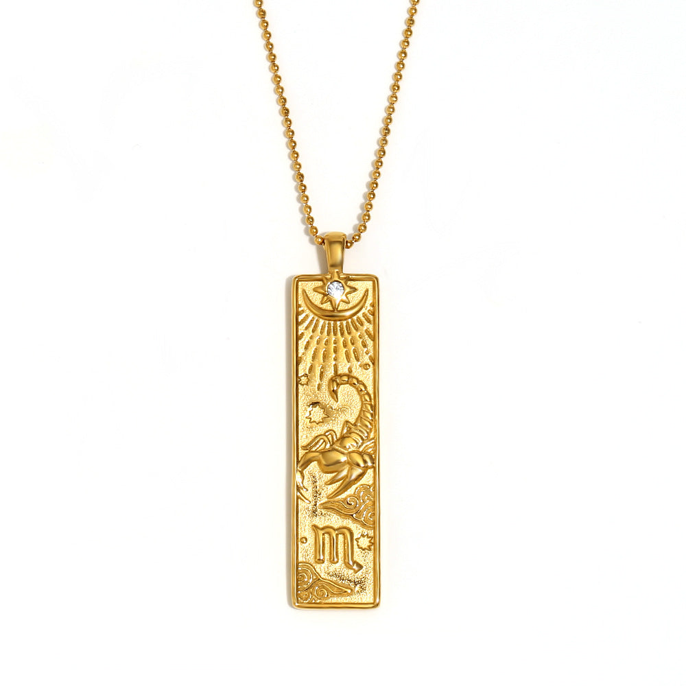 Vintage Geometric Zodiac Pendant Necklace for Women Stainless Steel with 18K Gold Plating Square Charm