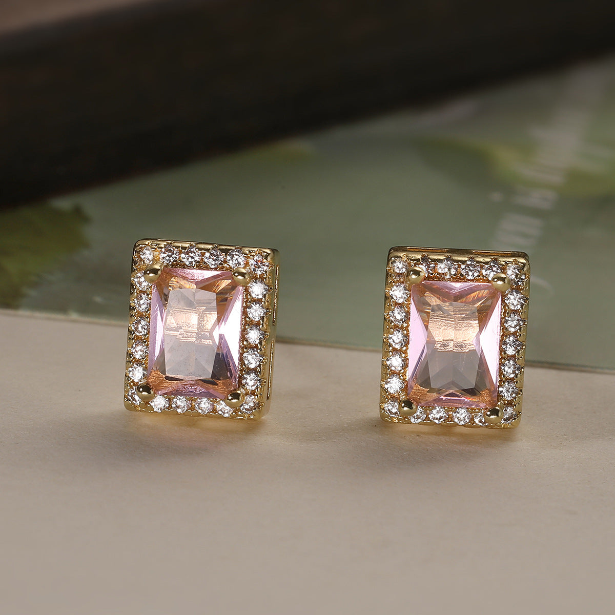 Minimalist Rectangular Zircon Stud Earrings for Women in Copper with 18K Gold Plating and Micro-Pave Setting