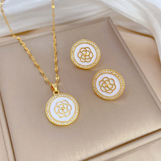 Elegant Camellia-Shaped Titanium Steel Necklace and Earrings Set with Plated Finish for Women
