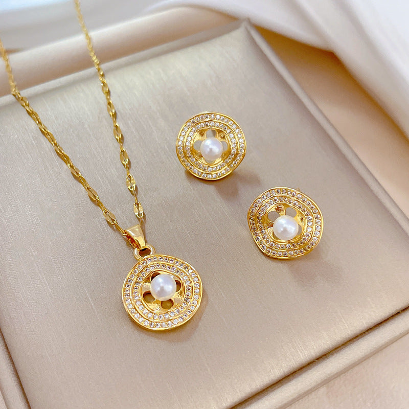 Luxury Fresh and Sweet Plated Brass Zircon Micro-Pave Earrings and Necklace Set