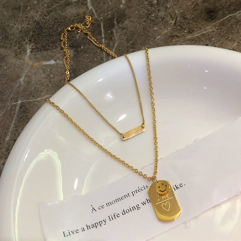 Minimalist Double-Layer Rectangular Cuban Chain Necklace with Smile Pendant for Women
