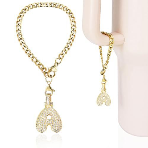 Cubic Zirconia Inlaid Brass Letter Charm Bar with Plated Finish