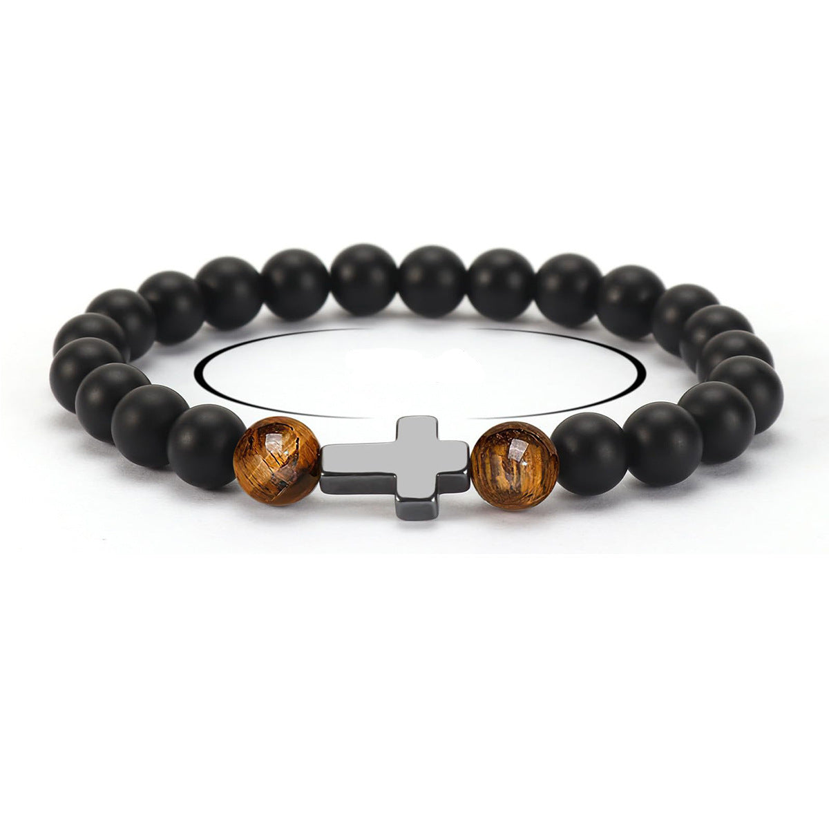 Matte Black Obsidian and Tiger Eye Beaded Bracelet with Small Cross Pendant Unisex Handmade Stone Jewelry