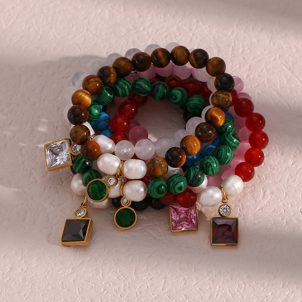 Pulsera de Cuentas de Piedra Natural Ónix Negro Geométrica Minimalista con Acentos de Zirconia y Baño de Rodio para Mujer