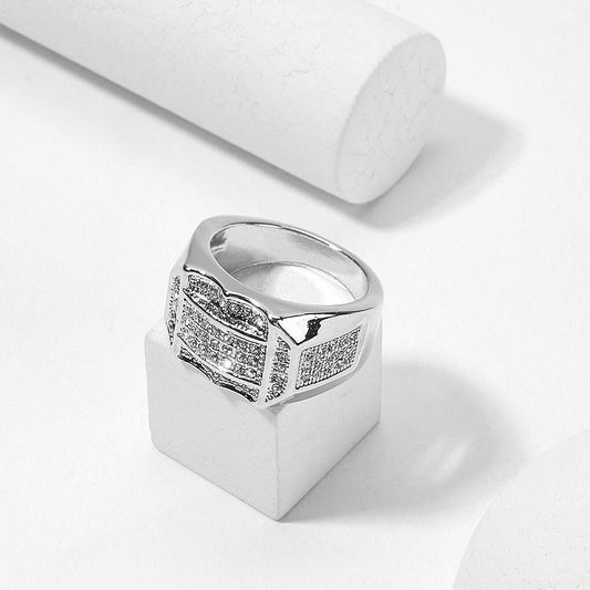 Hip-hop Luxury Geometric Square Rhinestone Plated Alloy Ring for Men and Women