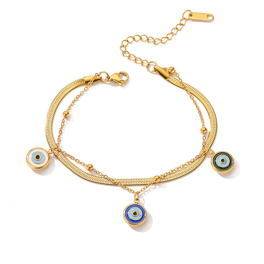 Fashionable Minimalist Geometric Titanium Steel Double-Layer Evil Eye Bracelet for Women
