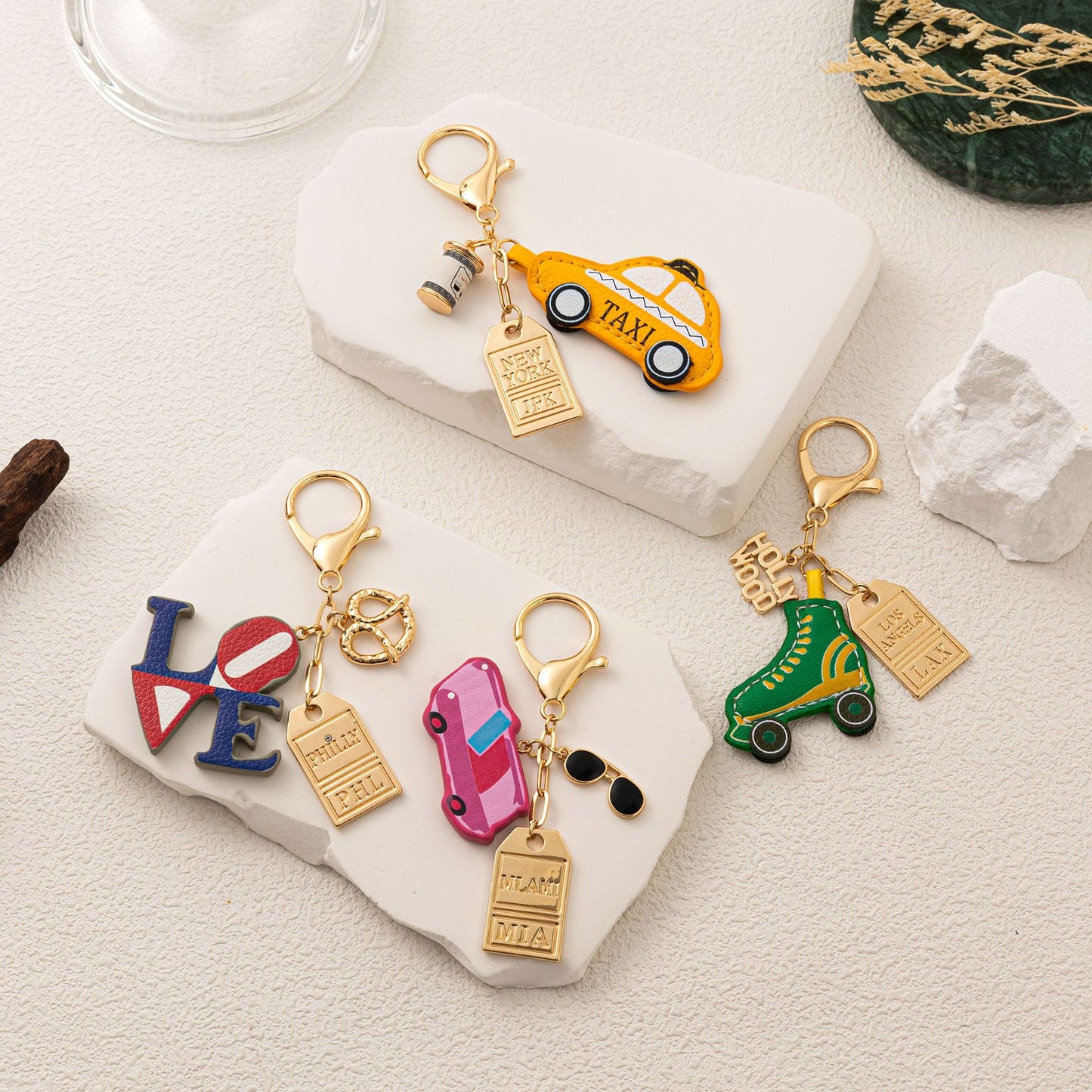 Minimalist Rainbow Plated Alloy Keychain with Pearl Ice Skate Umbrella Charms DIY Charm Bar