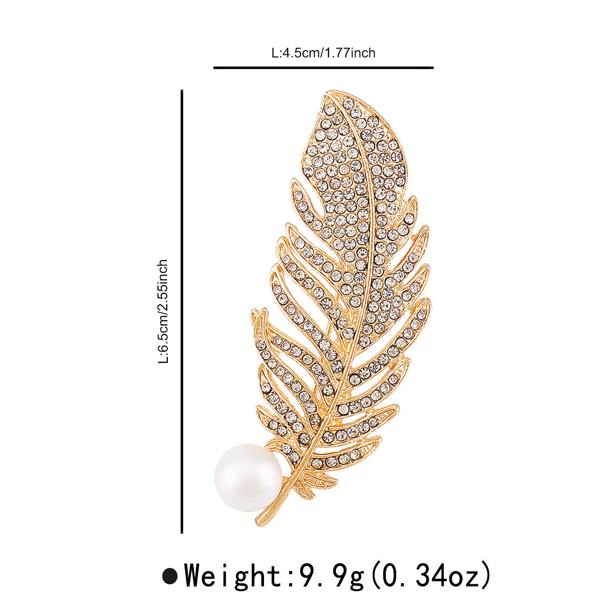 Elegante broche de lujo con incrustaciones de pedrería y detalles de perlas de imitación en base de aleación. Accesorio de moda en forma de pluma para mujer.