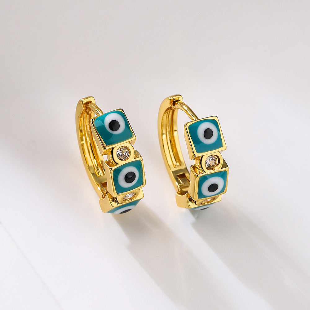 Orecchini a Cerchio Geometrici Color Rame in Stile Vintage con Placcatura in Oro 18K e Dettaglio Occhio Smaltato da Donna