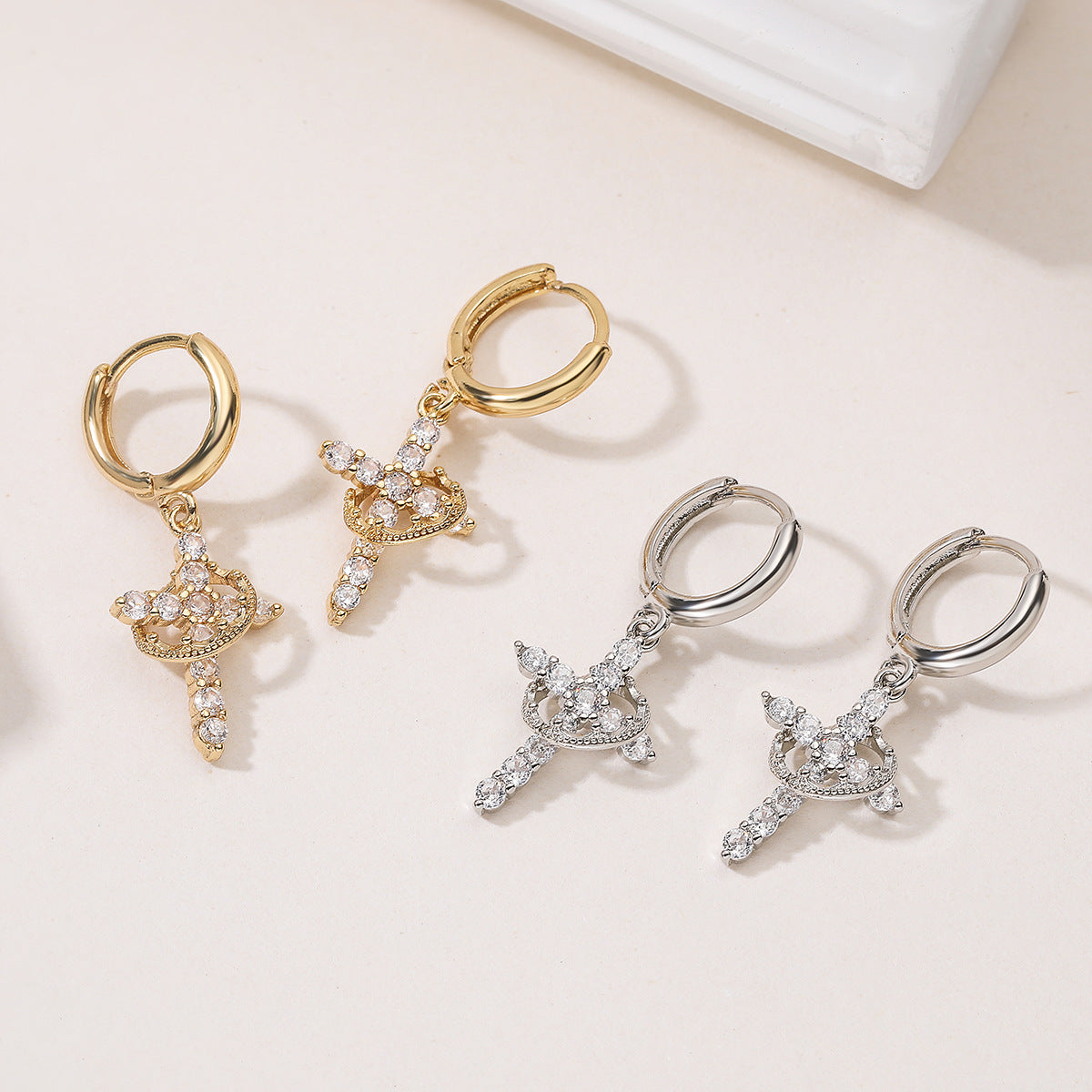 Luxury 18K Gold Plated Brass Cross Earrings with Cubic Zirconia for Women