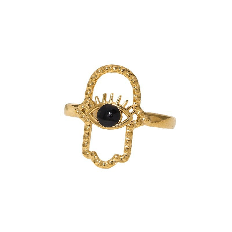 Anello Aperto Minimalista in Acciaio Inox con Occhio di Allah e Mano di Fatima Placcato Oro 18K