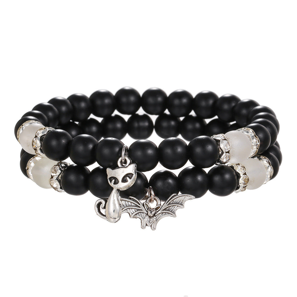 Minimalist Black Matte Geometric Cat and Bat Pendant Beaded Stretch Bracelet