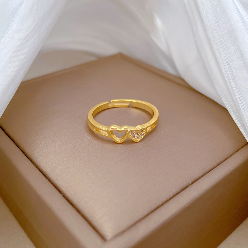 Cute Minimalist Hollow Heart Adjustable Ring in Brass with Gold Plating for Women