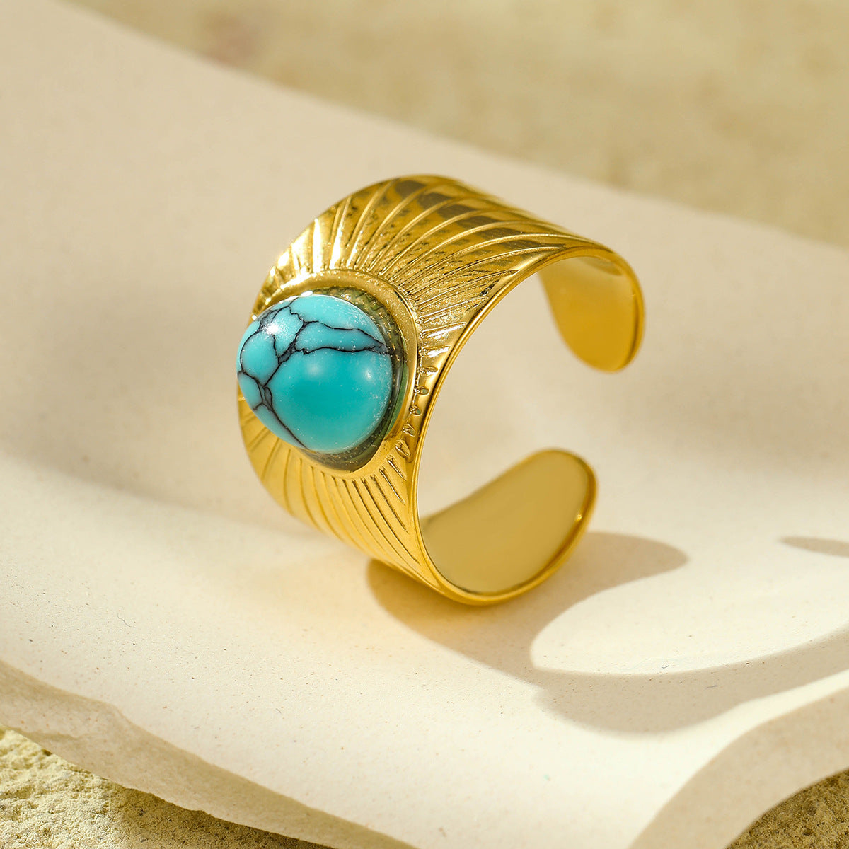 Anello in Acciaio Inossidabile con Motivo Geometrico Stile Vintage Instagram con Intarsio in Pietra Naturale e Placcatura in Oro 18K da Donna