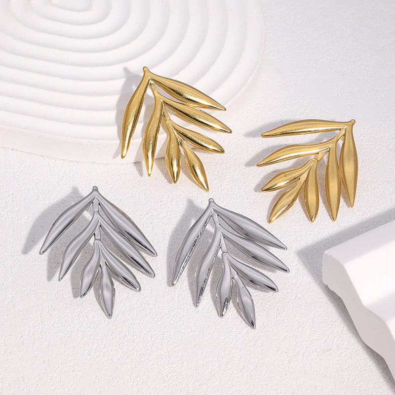 Orecchini da donna in acciaio inossidabile a forma di foglia, stile naturale, placcati in oro 18 carati