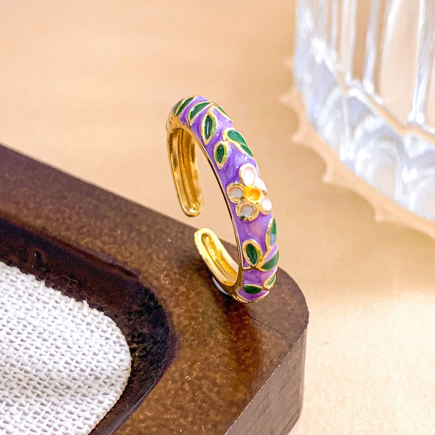 Vintage Sweet Floral Enamel Gold Plated Brass Ring for Women
