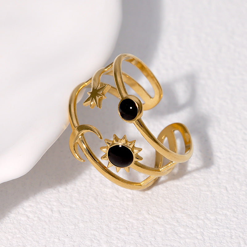 Anello da dito regolabile a forma di stella, sole e luna da donna in acciaio inossidabile con finitura placcata, design minimalista e unico