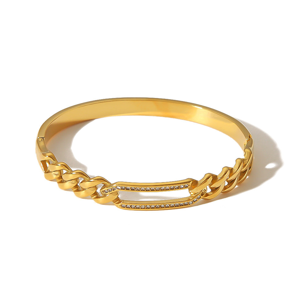 Minimalist Rectangular Hollow Bangle with Herringbone Texture, Rhinestone Inlay, Stainless Steel Base, 18K Gold Plated Finish for Women