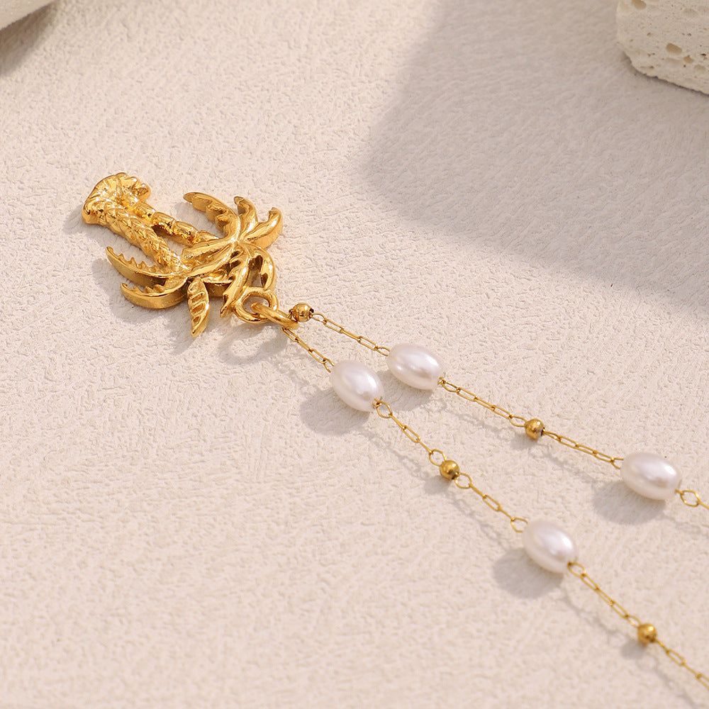 Collana con Pendente ad Albero di Cocco Tropicale alla Moda da Donna in Acciaio Inossidabile con Placcatura in Oro 18 carati e Accenti di Perle Simulate