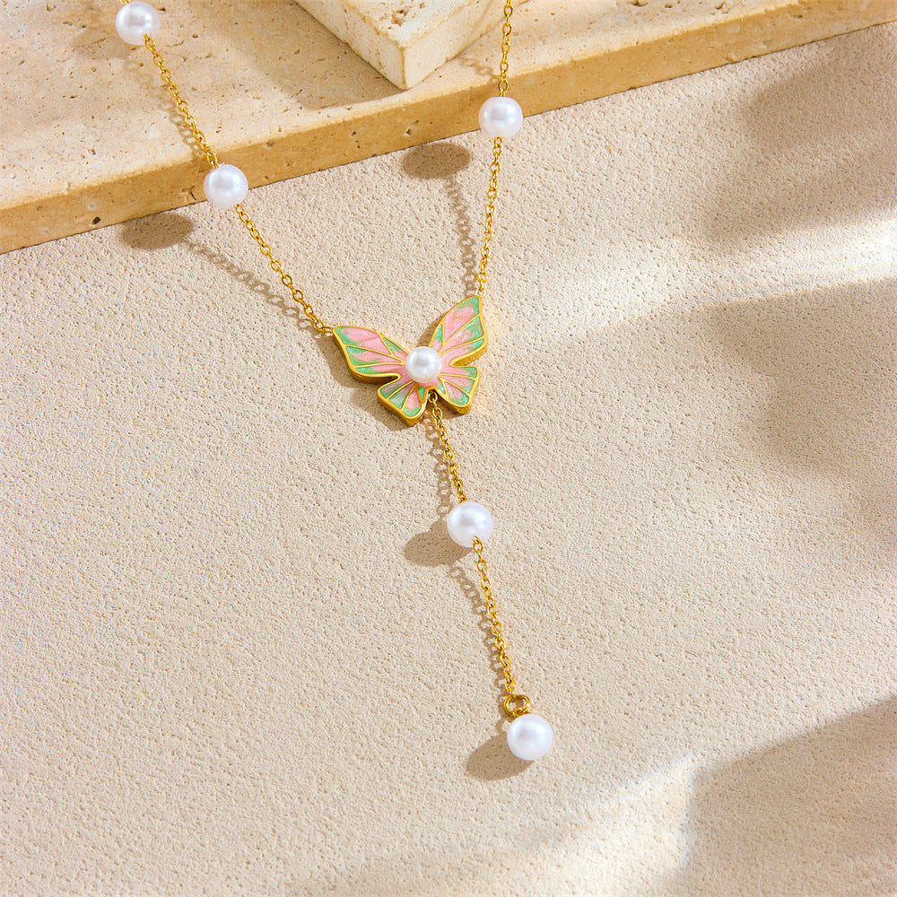 Minimalist Butterfly Pendant Necklace with Enamel Coloring and Pearl Accents on Stainless Steel Snake Chain for Women