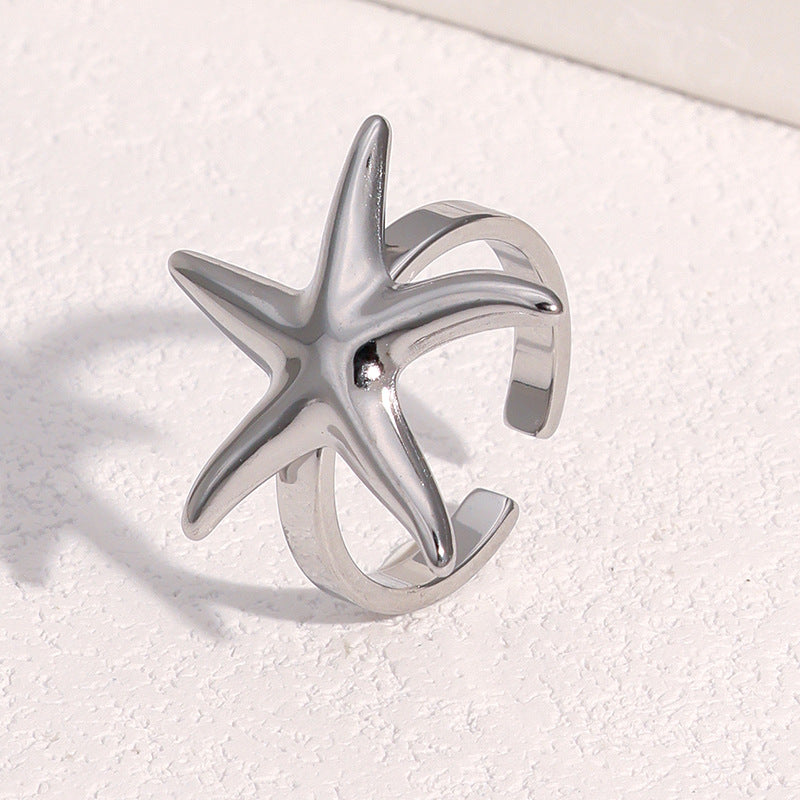 Minimalist 18K Gold Plated Stainless Steel Starfish Open Adjustable Ring for Women