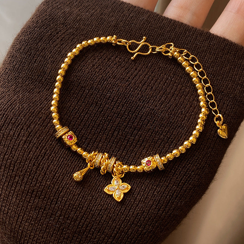 Elegante Bracciale Floreale Vintage Francese da Donna con Base in Rame Placcato Oro 24K e Intarsio di Zirconi, Gioielli Minimalisti di Lusso da Mano