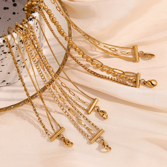 Tobillera geométrica minimalista de acero inoxidable con chapado en oro de 18 quilates, elegante joya de triple capa para mujer