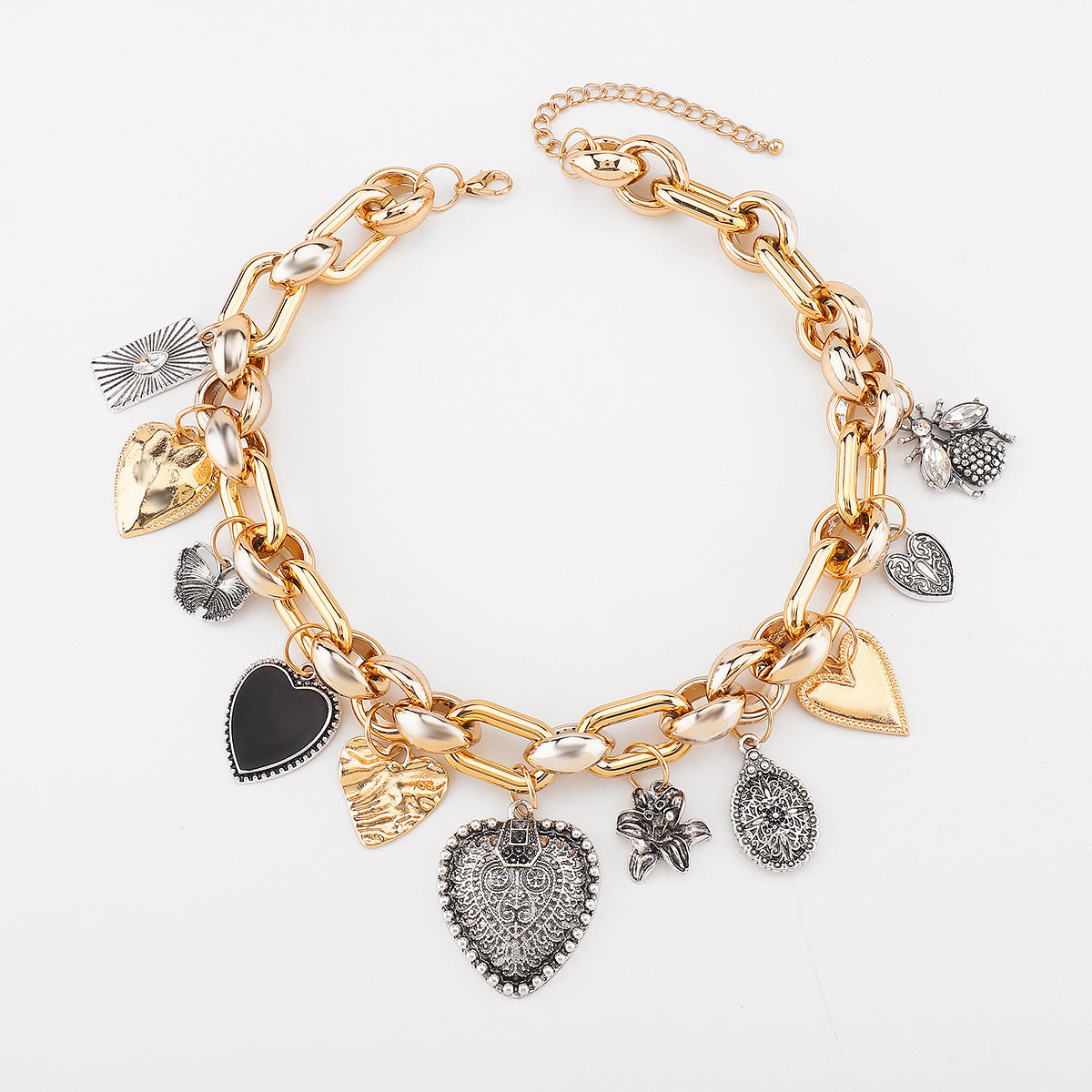 Elegante collana a cuore in lega con finitura smaltata e intarsio di strass da donna