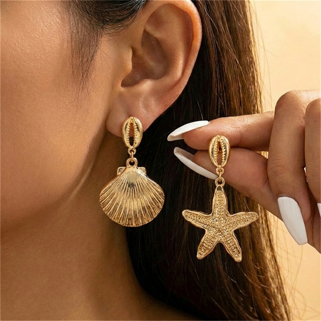 Vintage Geometric Starfish Shell Conch Pattern Plated Alloy Earrings for Women