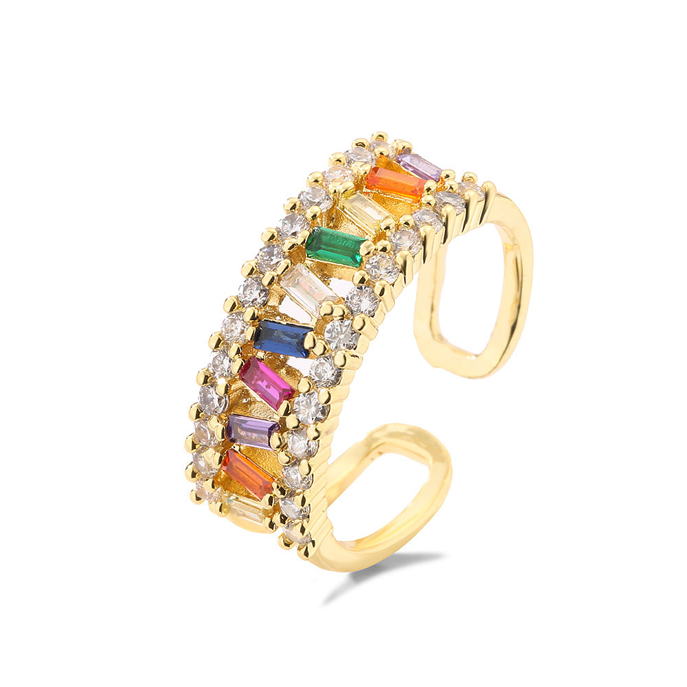 Anello Aperto Geometrico da Donna in Ottone con Placcatura in Oro Vero e Zirconi Micro-Incastonati, Gioielli di Lusso Minimalisti alla Moda