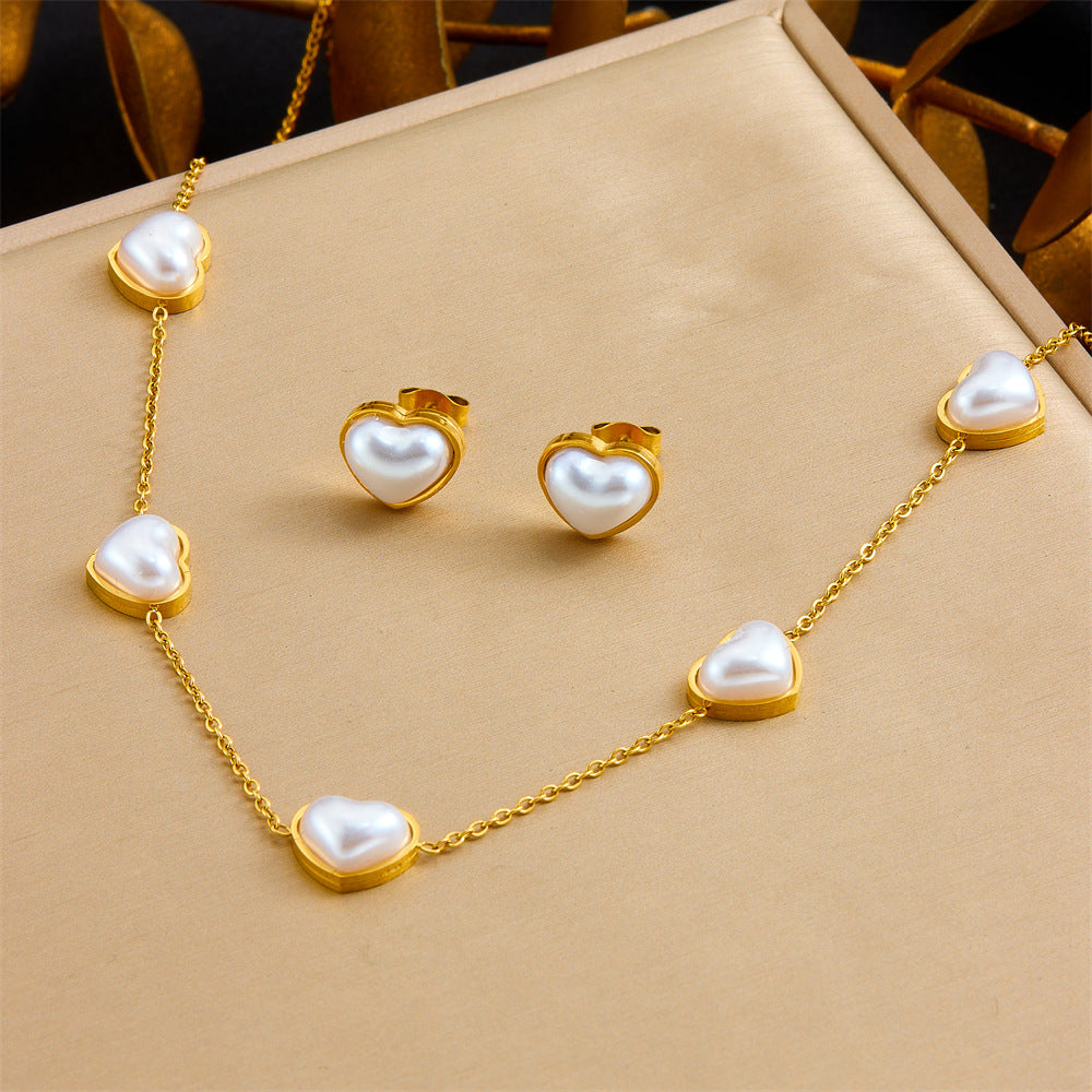 Minimalist Vintage Gold Plated Stainless Steel Heart Teardrop Pearl Jewelry Set with Cable Chain