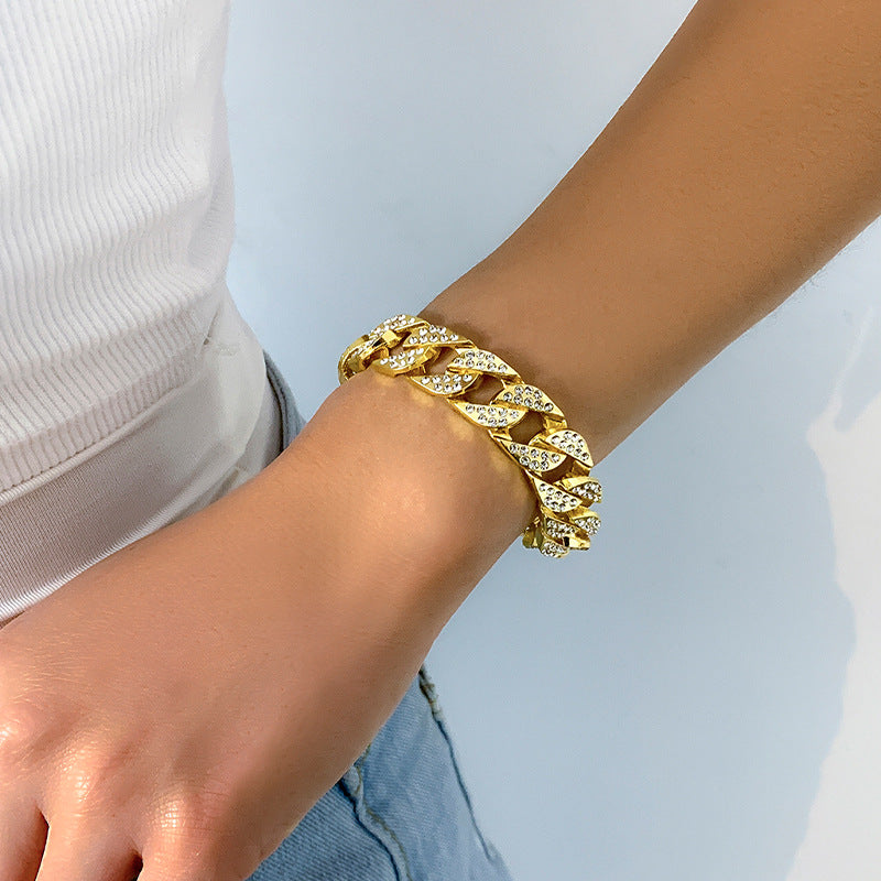 Vintage Punk Hip-hop Geometric Rhinestone Inlay Alloy Cuban Link Chain Bracelet for Women