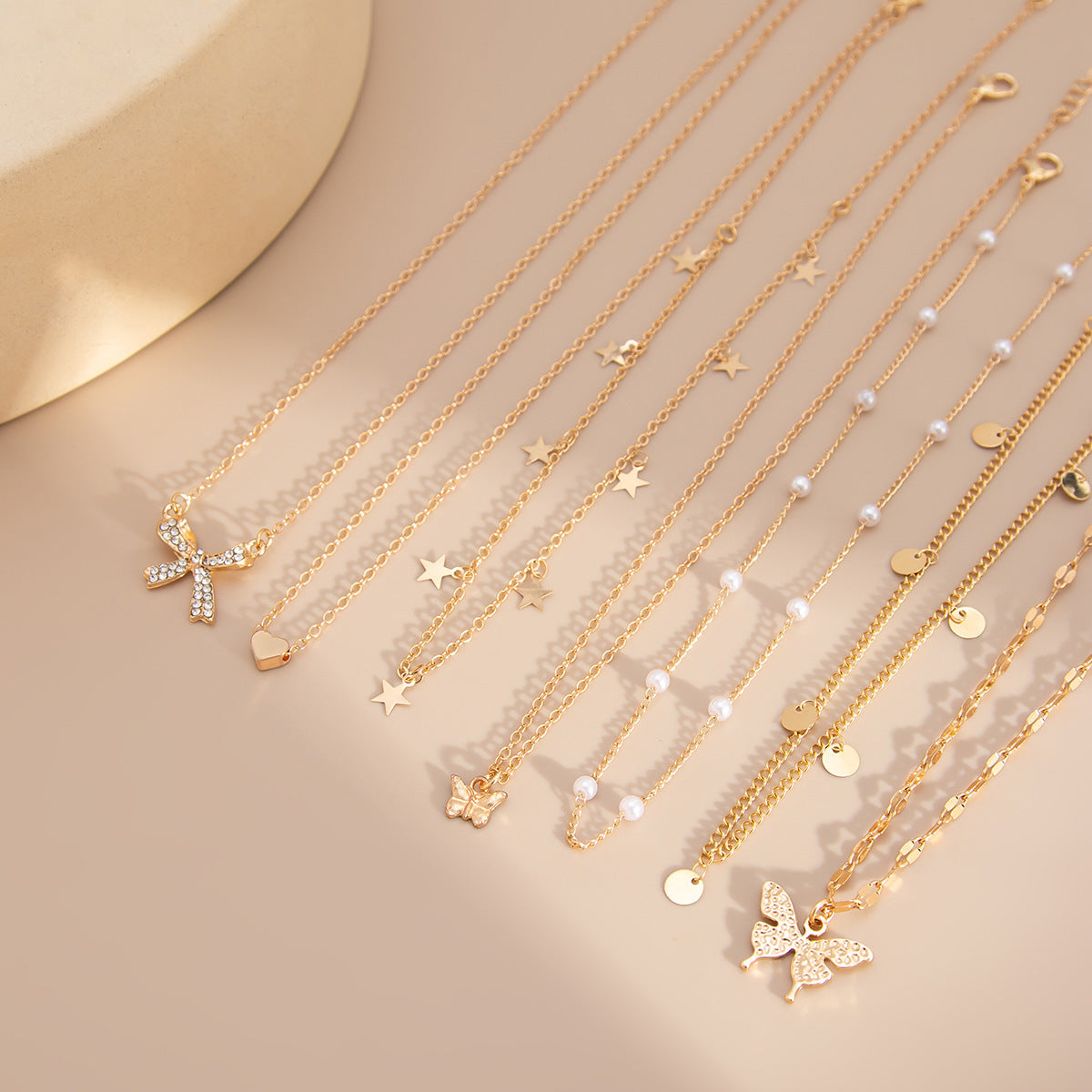 Minimalist Elegant Alloy Plated Heart Butterfly Bow Necklace Set with Imitation Pearl for Women