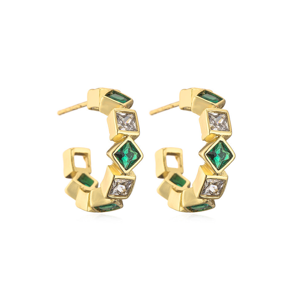 Geometric Earrings for Women in Copper with 18K Gold Plating and Green Zirconia, Fashion-Forward Minimalist Design